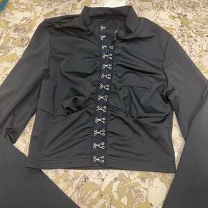 Hook & Eye Closure Long Sleeve Crop Tee, Mock Neck SIZE S